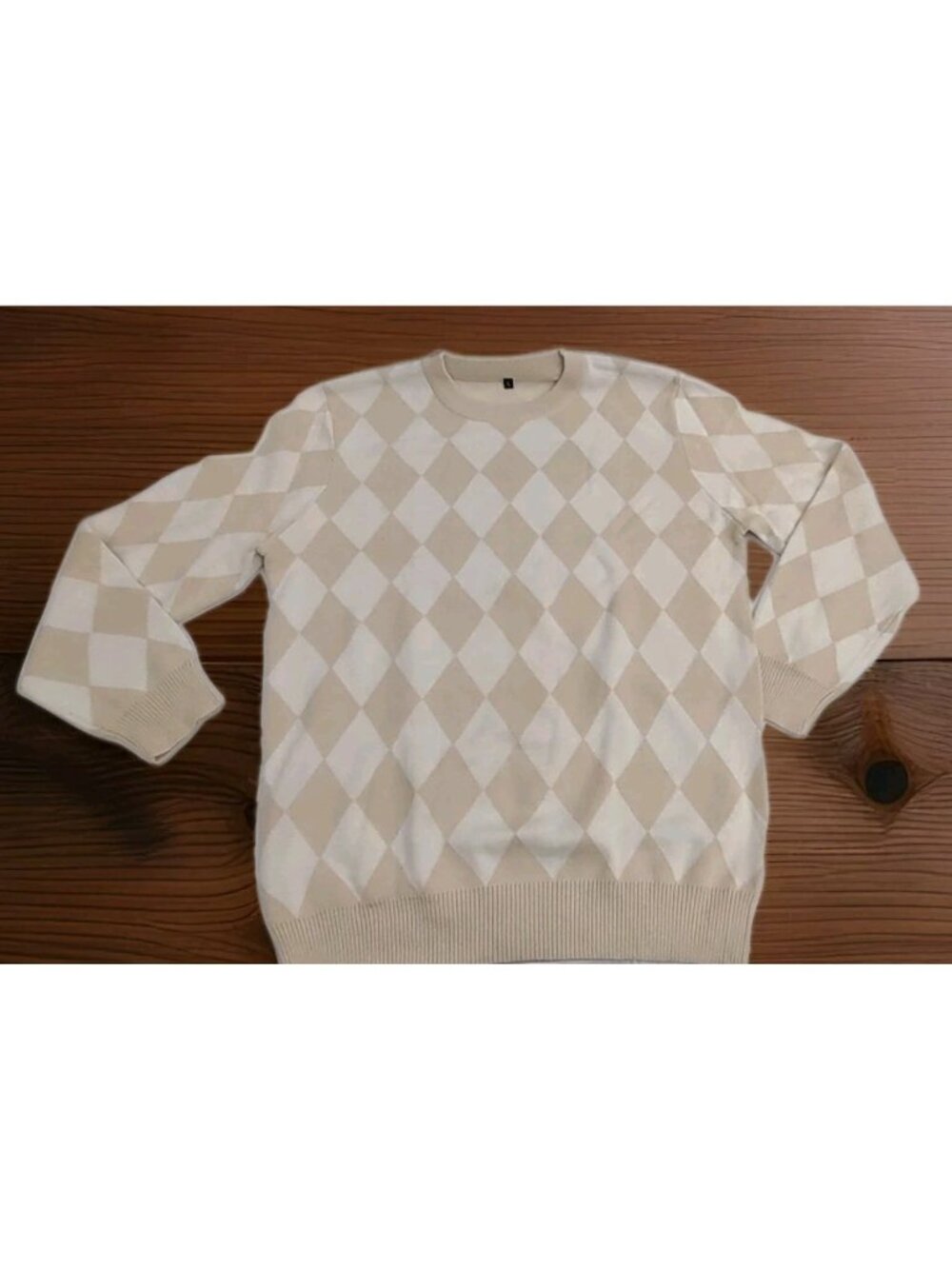 Men Knit Sweater Size LARGE Beige Cream Diamond ROMBOS Design Crew Neck